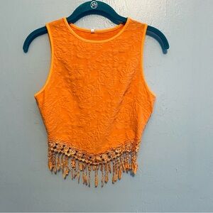 Orange Lace Trim Sleeveless Top with side Zipper